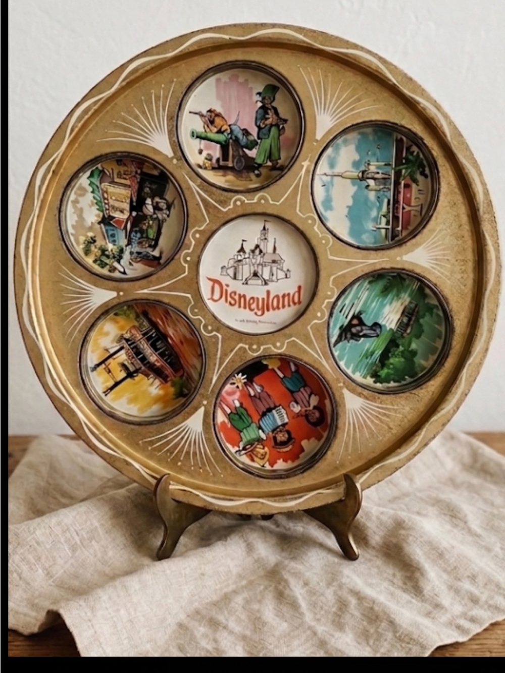 Vintage Disneyland Gold Souvenir Tray with Colorful Panels